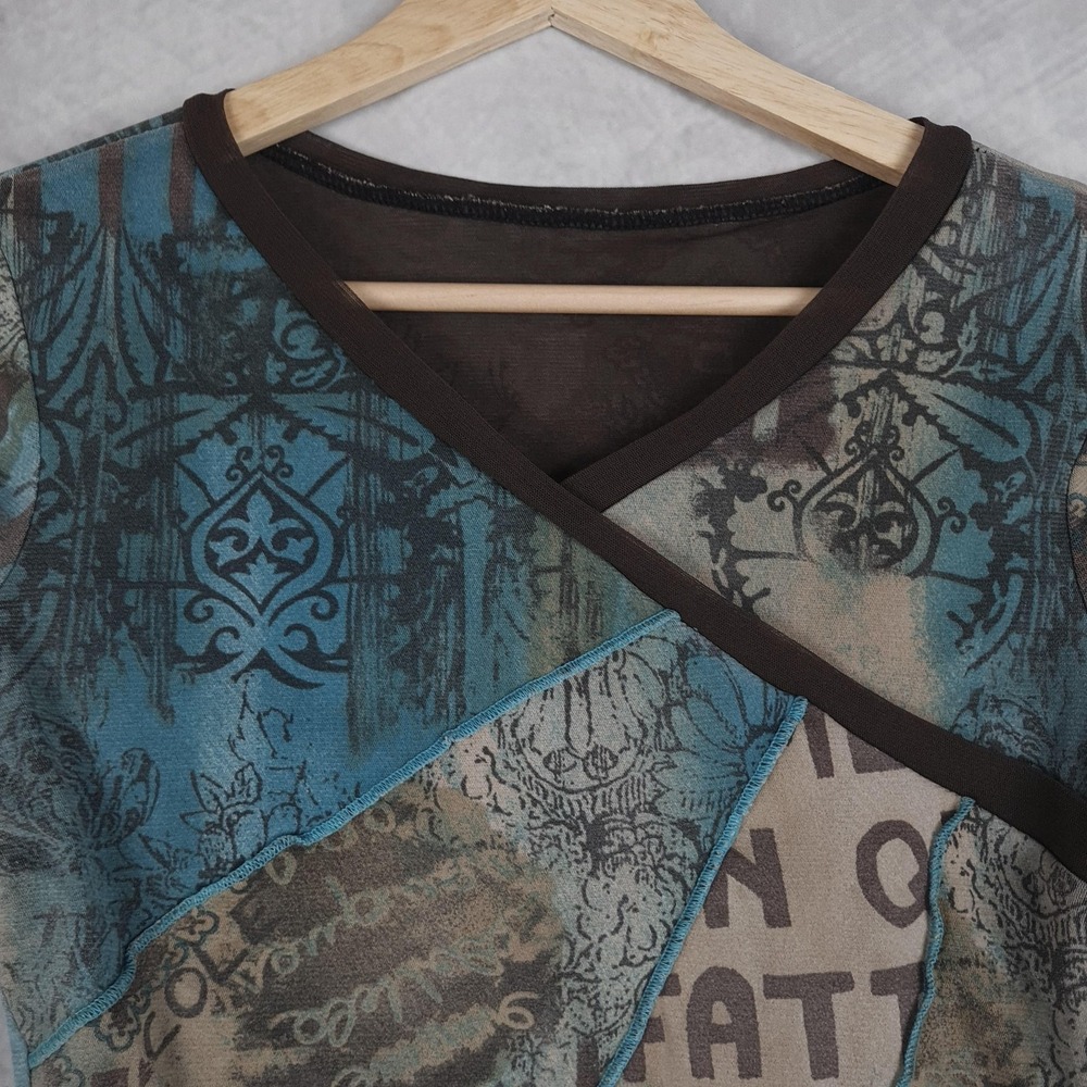 Women’s Mixed Print Asymmetric Long-Sleeve Blouse - Teal & Taupe - Picture 6 of 16